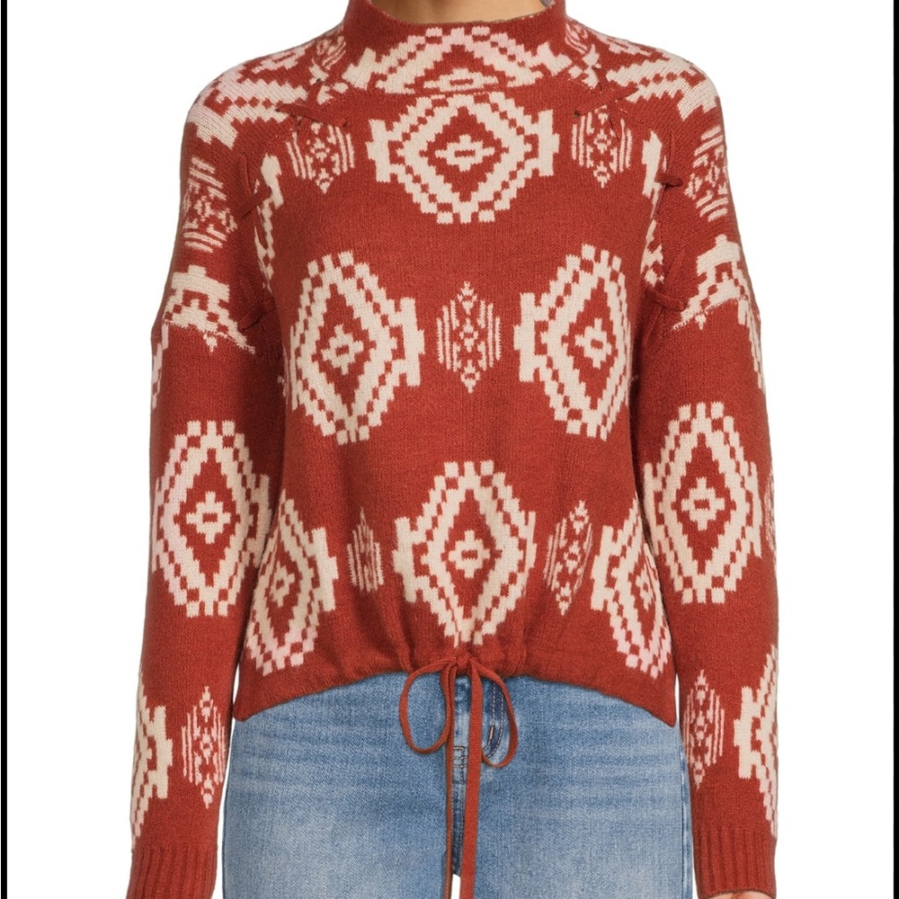 No Boundaries Rust and Cream Patterned Turtleneck Sweater